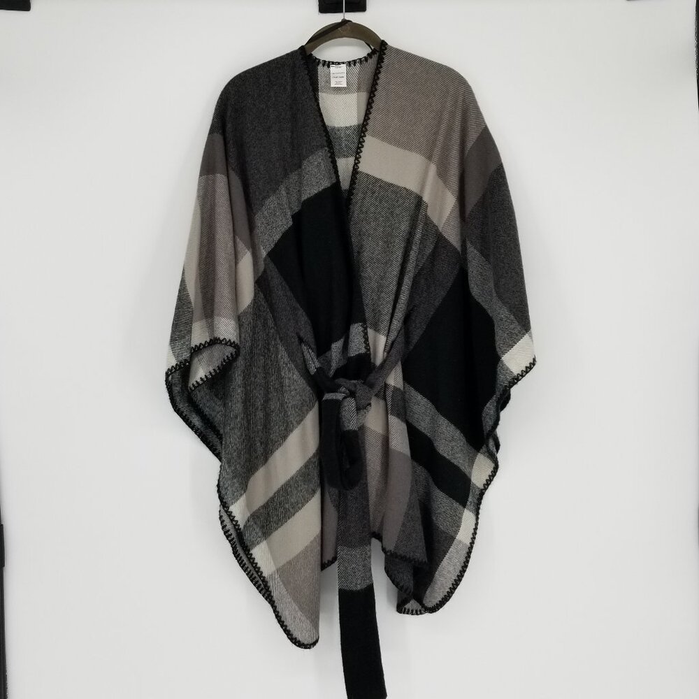 OS Black White & Grey Plaid Adjustable Warm & Cozy Cape, with Taupe Undertones